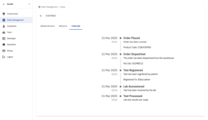 Order Management Timeline showing the status of a test